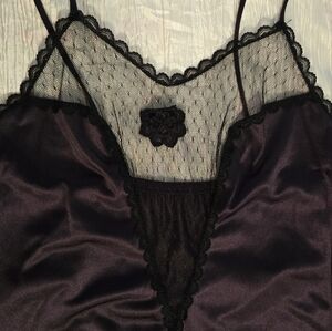 Vintage Women's Black Net Lace Night Wear, Embroidered Flower, Spagetti straps